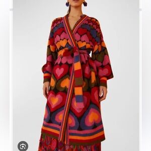Farm Rio Full of Hearts Belted Midi Cardigan Medium Colorful Boho Oversized